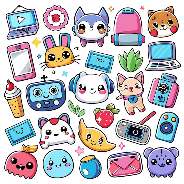 A colorful collection of cute cartoonstyle icons and objects