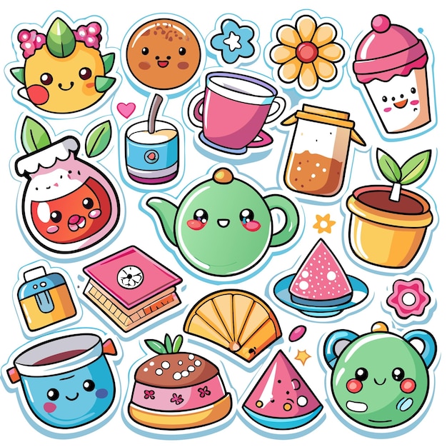 Vector a colorful collection of cute food and drink stickers