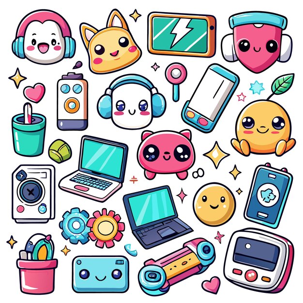 Vector colorful collection of cute tech and animal characters