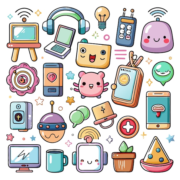 A colorful collection of cute tech and everyday objects