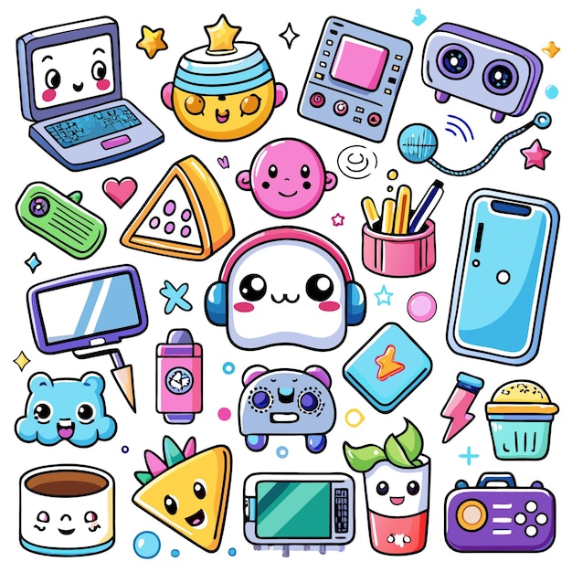 A colorful collection of cute techinspired doodles and objects