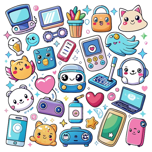 Colorful collection of cute technology and animal icons