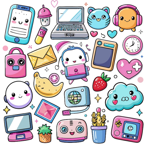 A colorful collection of cute technology and lifestyle icons