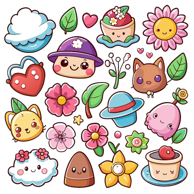 Vector a colorful collection of cute whimsical food and nature icons