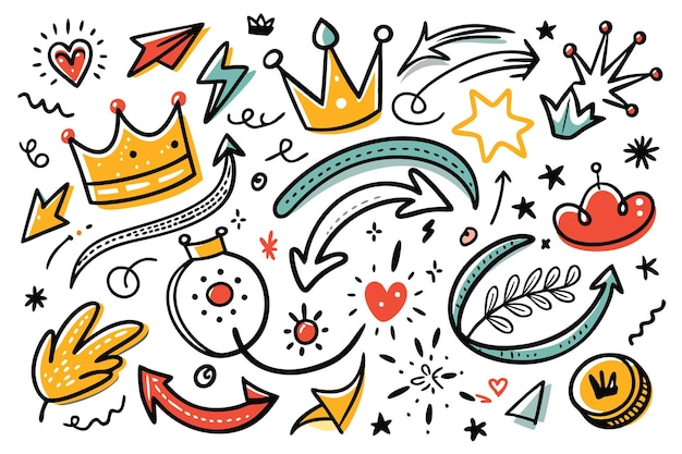 Vector a colorful collection of doodles featuring crowns arrows stars and hearts