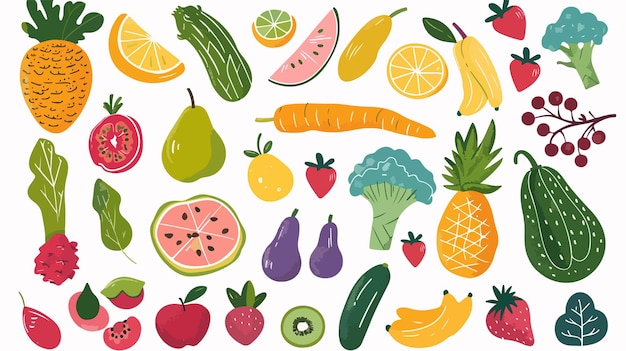 Vector a colorful collection of fruits and vegetables including one that has a variety of colors and the other with the other