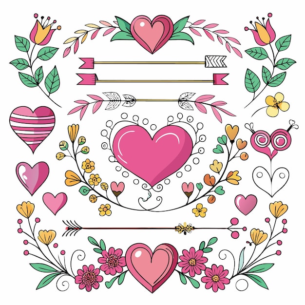 A colorful collection of hearts and floral designs for decoration