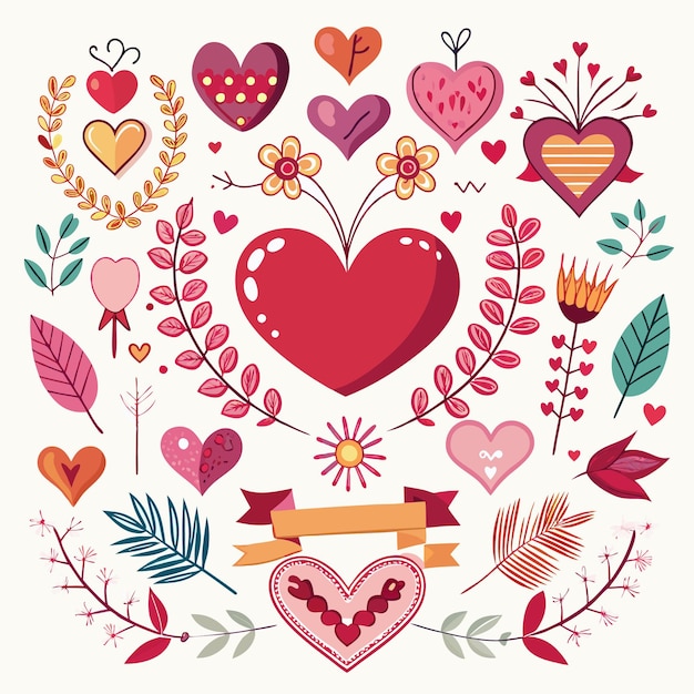 A colorful collection of hearts flowers and decorative elements