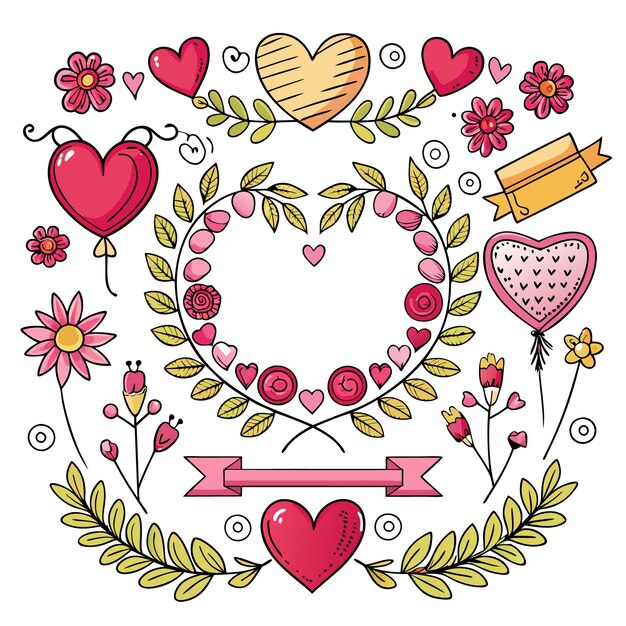 A colorful collection of hearts and flowers for romantic themes