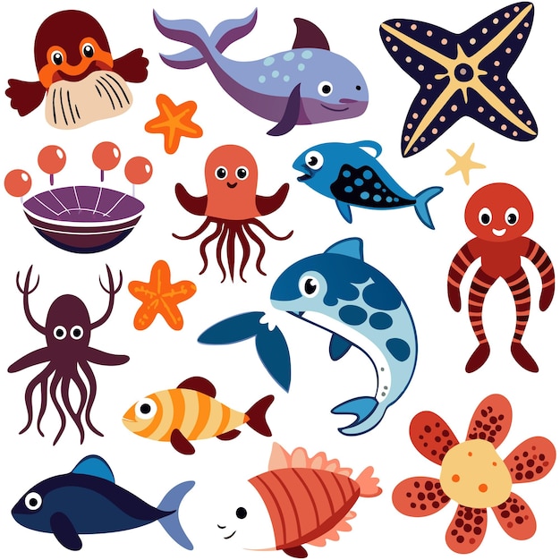 Vector colorful collection of marine animals and sea creatures