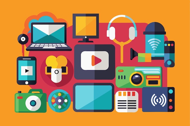 Vector a colorful collection of multimedia icons representing different technology and communication tools multimedia icon set