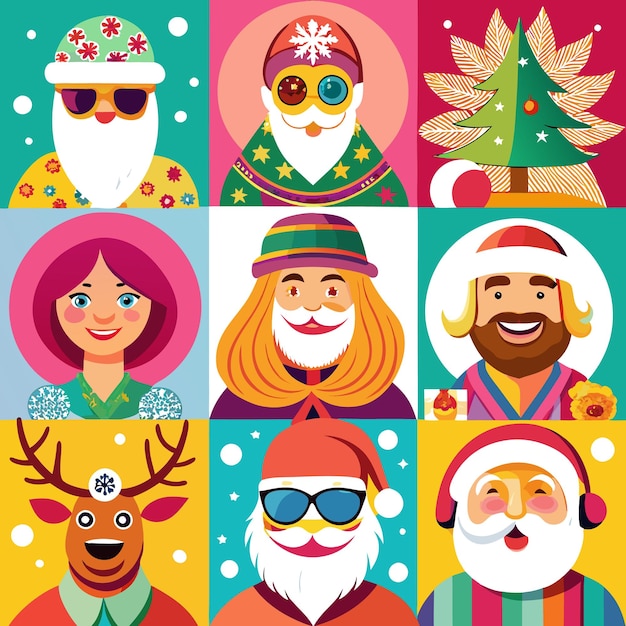 Vector a colorful collection of nine festive characters including santa claus a reindeer and a woman in a winter hat all with a fun and modern style