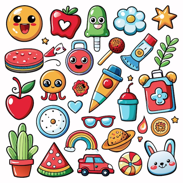 A colorful collection of playful icons featuring food nature and cheerful objects