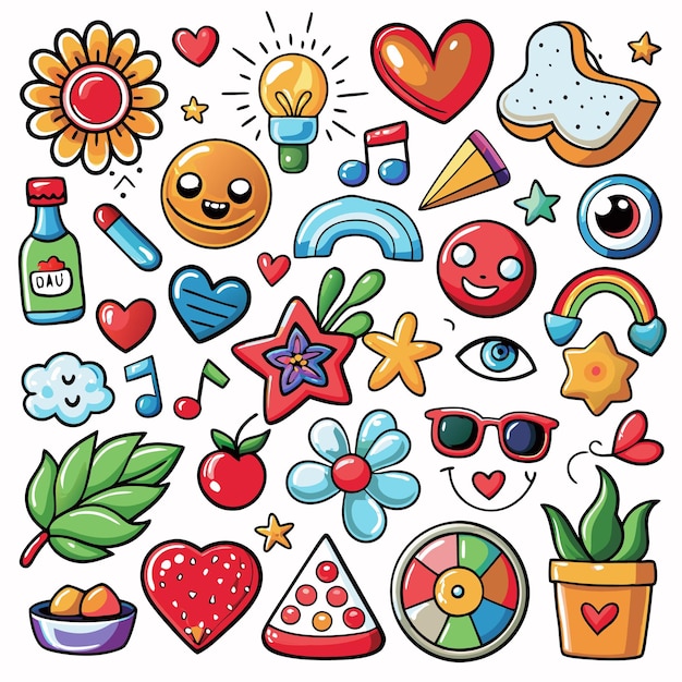 A colorful collection of playful icons and symbols featuring nature emotions and objects