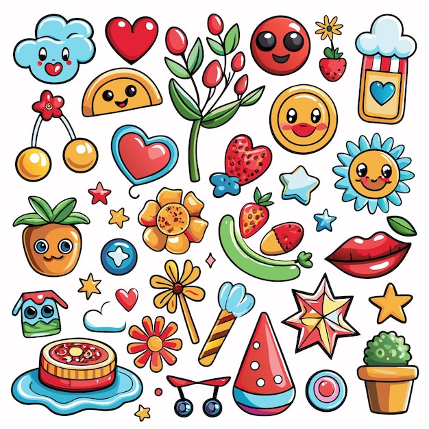 A colorful collection of playful stickers featuring various cheerful icons and symbols