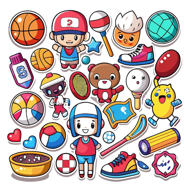 A colorful collection of sports and recreational items and characters