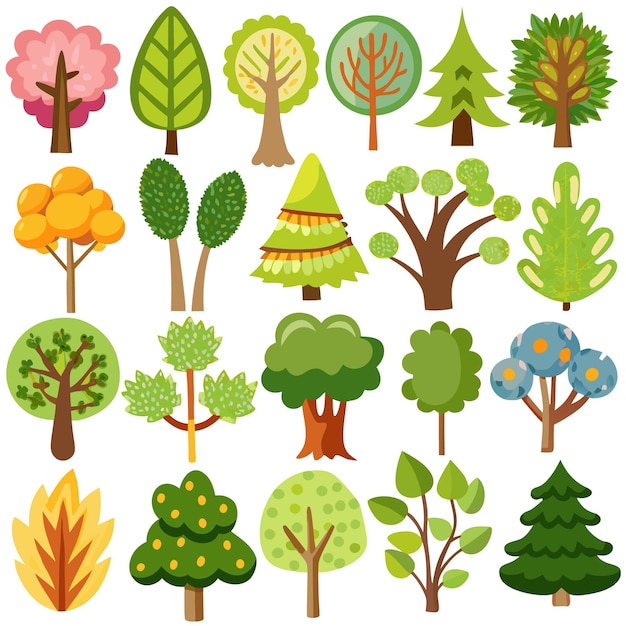 Vector a colorful collection of various cartoonstyle trees and foliage