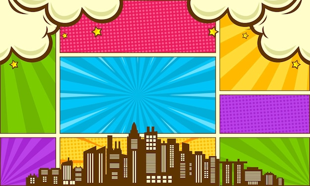 Colorful comic background with city silhouette and cloud