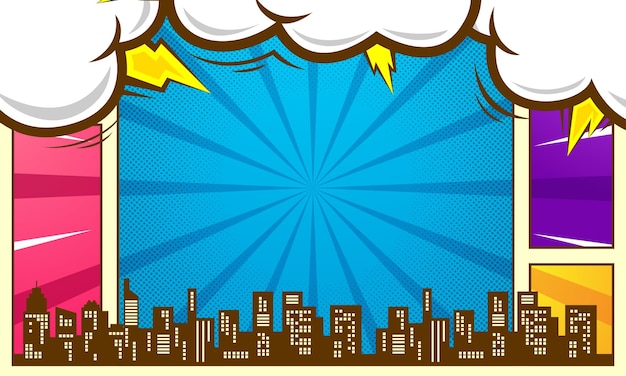 Colorful comic book big city skyline with cloud