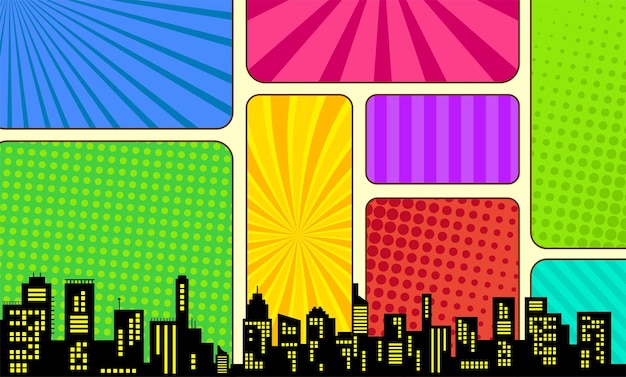 Colorful comic scene background with city silhouette