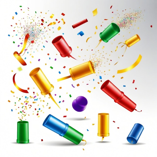 colorful confetti and confetti are scattered on a white background