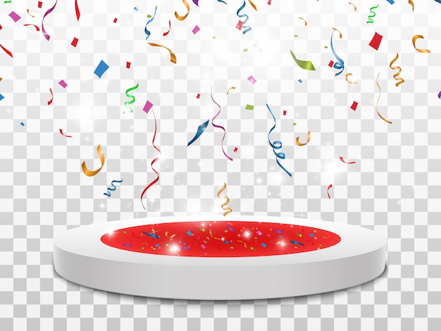 Colorful confetti scattered. Confetti falls on a podium with a lighting effect.