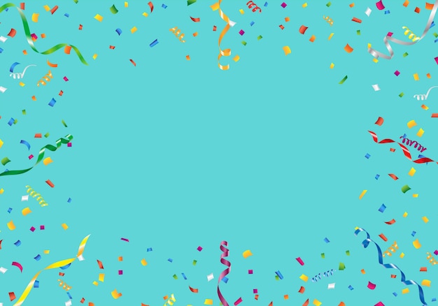 Colorful confetti and streamer frame on aqua background