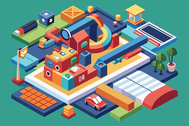 A colorful construction site features diverse building blocks tools and structures arranged attractively Formula Customizable Isometric Illustration