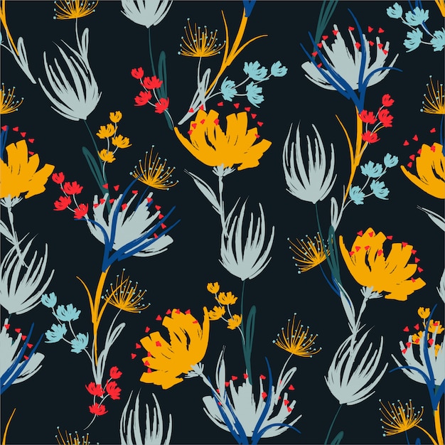 Colorful contrast hand paint brush floral Seamless repeat pattern with flowers