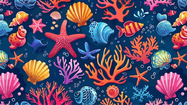 a colorful coral pattern with the sea life and the starfish