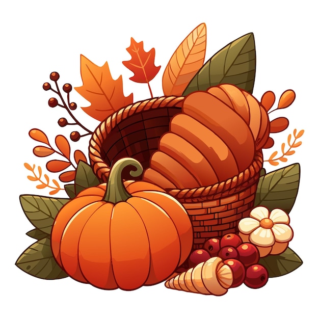 Colorful Cornucopia Harvest vector Illustration with Pumpkins and Fall Leaves