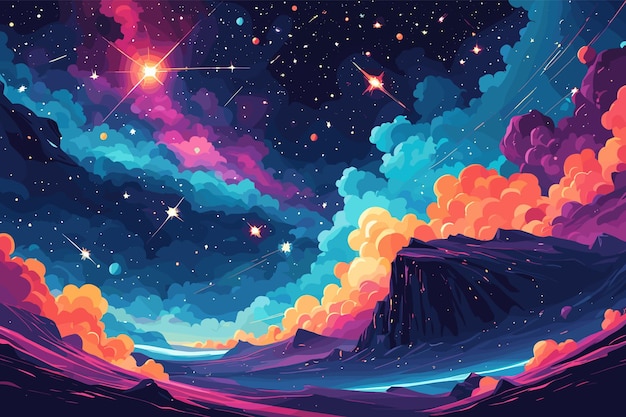 Vector colorful cosmic landscape with planets and stars