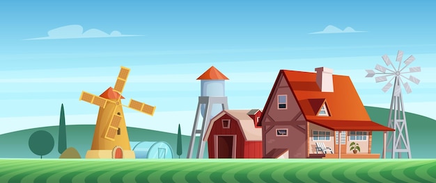 Vector colorful countryside farm landscape with beautiful village house windmill wind pump water tower