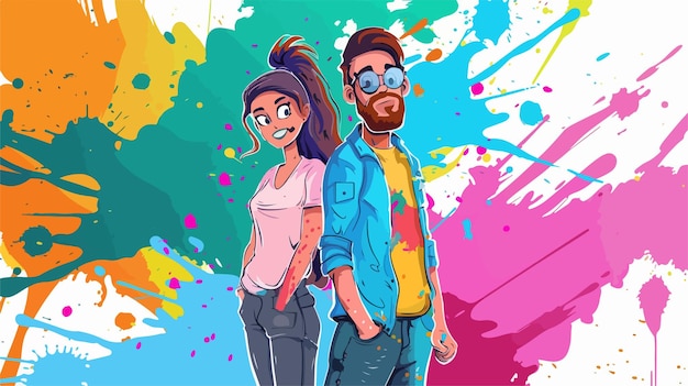 Colorful Couple Characters with Paint Splash Background Vector Illustration