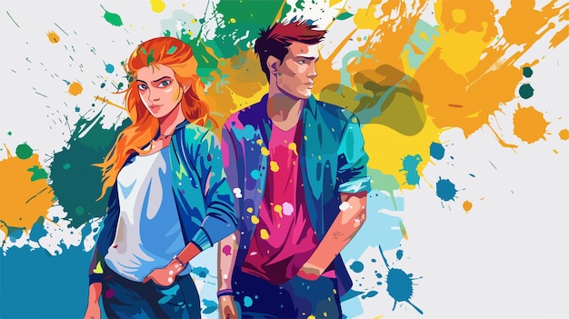 Colorful Couple Characters with Paint Splash Background Vector Illustration