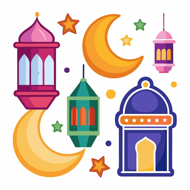 Colorful crescent moon stars and three lanterns with arched windows