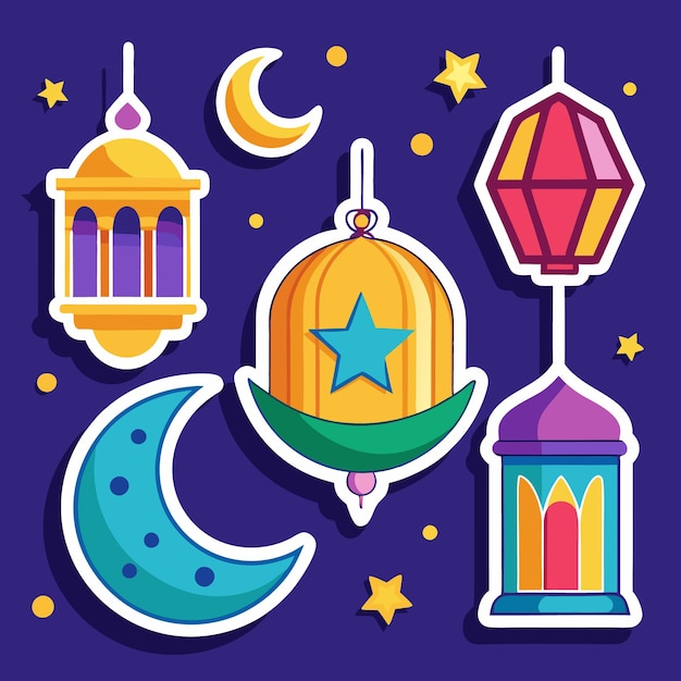 Colorful crescent moons and lanterns on a blue background with yellow stars