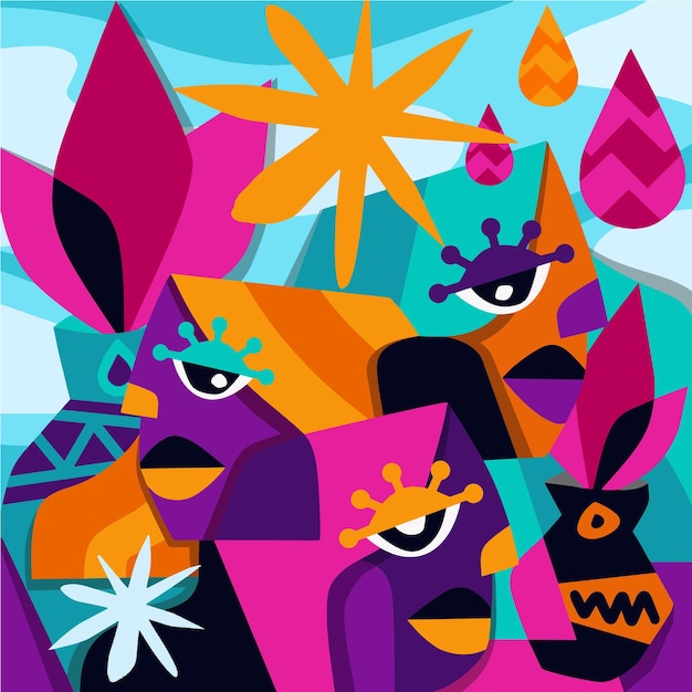 Colorful Crowded Cubism Illustration for your design work