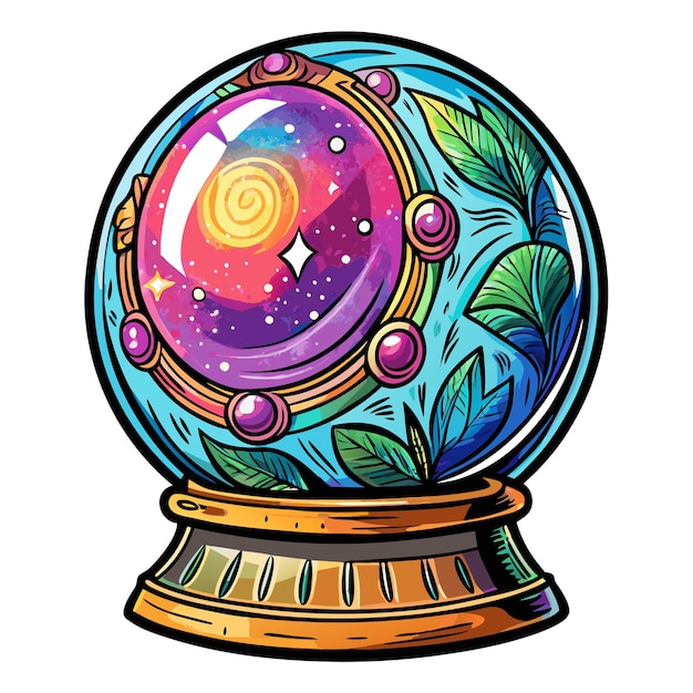 Vector colorful crystal ball with cosmic galaxy design and leaf accents in mystical style