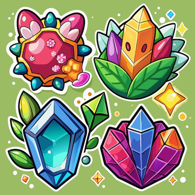 Vector colorful crystal gems with leaves and stars