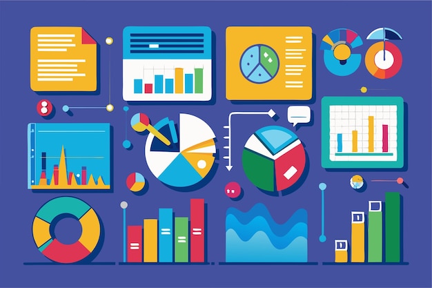 Vector colorful customizable charts illustrate data trends and comparisons facilitating engaging discussions during a dynamic meeting