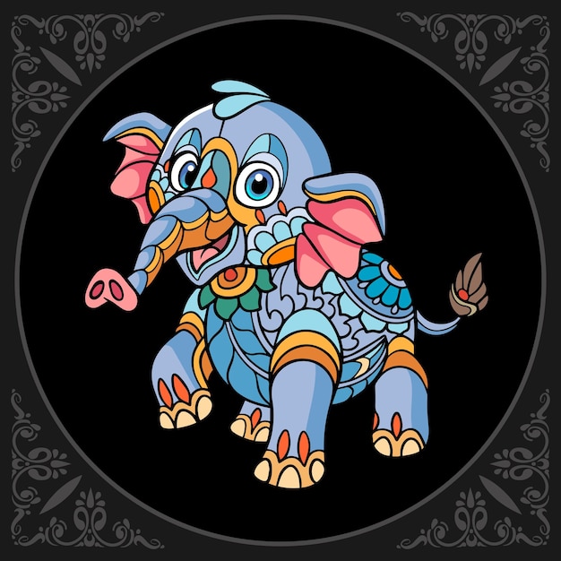 Colorful cute elephant cartoon mandala arts isolated on black background