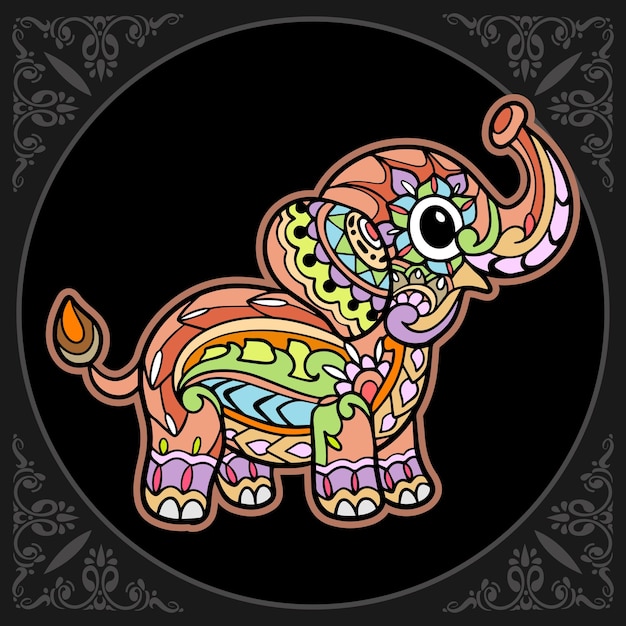 Colorful cute elephant cartoon mandala arts isolated on black background