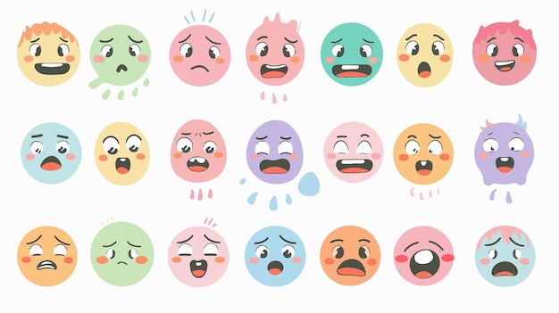 Vector colorful cute face emotions vector set in pastel tones