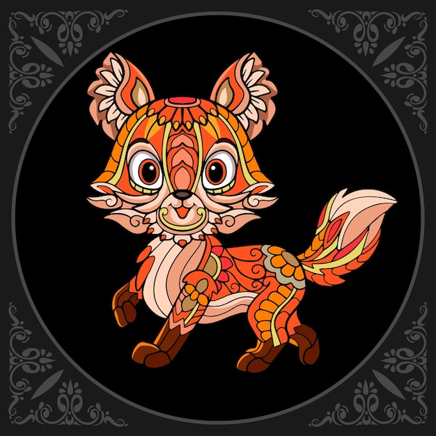 Colorful cute fox cartoon zentangle arts isolated on black background