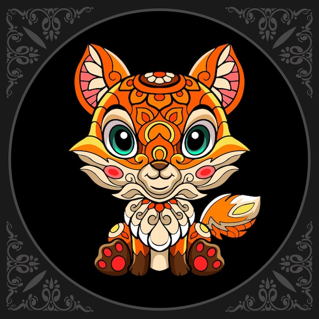 Colorful cute fox head cartoon zentangle arts isolated on black background