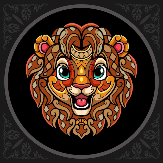 Colorful cute lion head cartoon zentangle arts isolated on black background