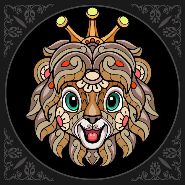 Colorful cute lion head cartoon zentangle arts isolated on black background