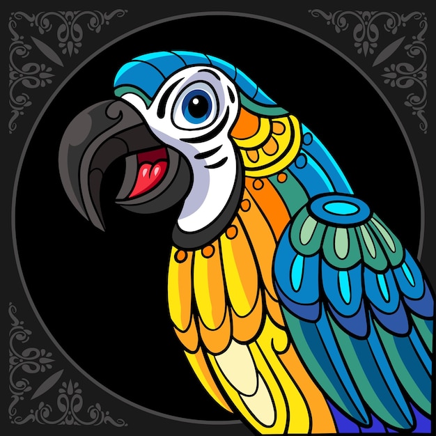 Colorful cute macaw bird cartoon zentangle arts isolated on black background