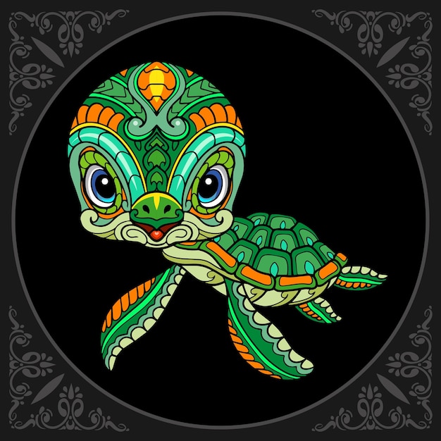 Colorful cute sea turtle cartoon zentangle arts isolated on black background